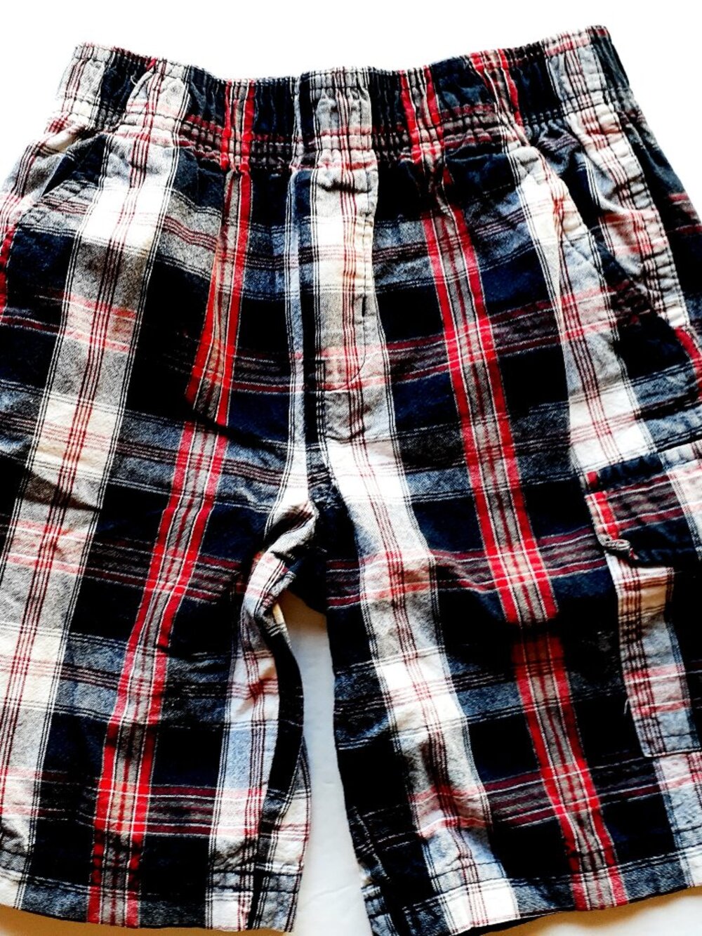 Toughskins Boys Shorts Navy Red Plaid Cargo Elastic Waist Pull On Medium 5-6